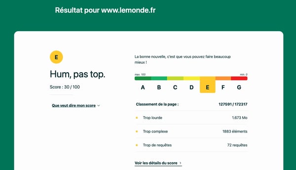 capture d'écran d'un résultat d'analyse par l'outil ecoindex.fr. Le site web analysé a obtenu la note E avec un score de 30/100.