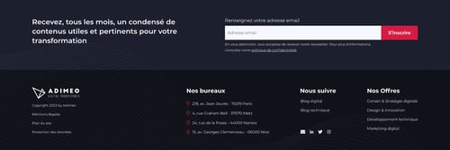 Capture du footer de la maquette du future site d'Adimeo