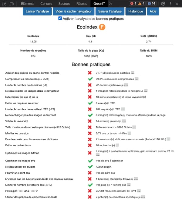 Capture d'écran d'un résultat obtenu avec l'extension Green IT Analysis