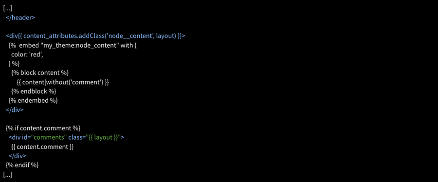Capture d'écran du code pour intégrer notre composant dans le fichier de template node.html.twig