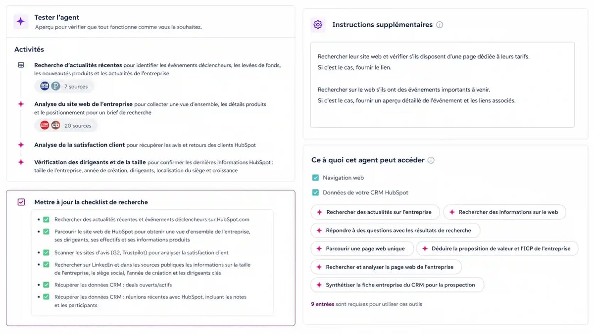 Interface du Company Research Agent de HubSpot permettant de rechercher automatiquement des informations publiques sur une entreprise.