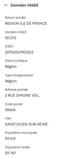 Exemple d’informations administratives récupérées depuis l’INSEE dans une fiche entreprise HubSpot (raison sociale, SIRET, statut juridique, adresse...).
