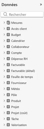 Volet de données d'un modèle Power BI présentant des tables métier organisées (clients, produits, projets, budget, facturation, etc.) pour faciliter l'analyse et la création de tableaux de bord.