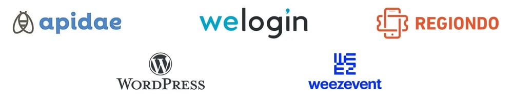 Logos de solutions que nous avons connecté avec HubSpot : Apidea, welogin, Regiondo, WordPress, Weezevent