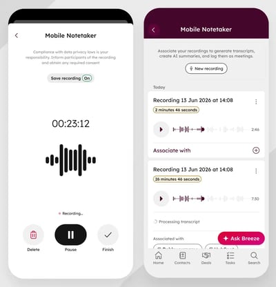 Captures d’écran du Mobile Notetaker de HubSpot permettant d’enregistrer des rendez-vous, de consulter les enregistrements et de générer des transcriptions avec l’IA.