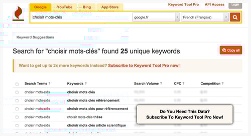 Capture d'écran de l'outil Kaywordtool
