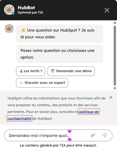 Chatbot HubSpot proposant plusieurs options de contact pour qualifier les visiteurs et répondre à leurs questions.