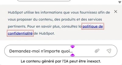 Exemple de mention d'information sur la collecte des données personnelles et de lien vers la politique de confidentialité dans un chatbot.