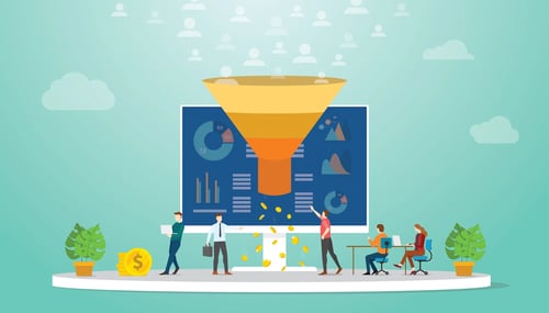 Sur cette illustration, un entonnoir de nouveaux prospects qui rapportent de l'argent aux personnages. 