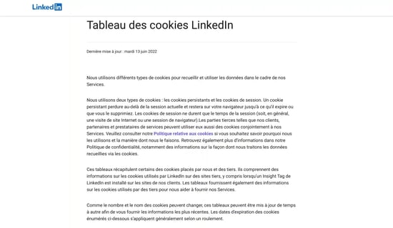 Capture d'écran de la page "Cookies" de LinkedIn