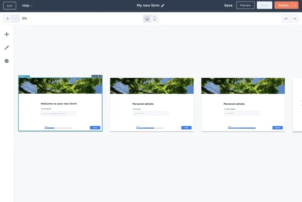 Capture d'écran de l'interface d'HubSpot montrant les étapes des formulaires