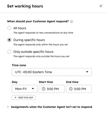 Capture d'écran de l'interface HubSpot pour illustrer la nouveauté Customer Agent. Là, on paramètre le moment de réponse de l'agent