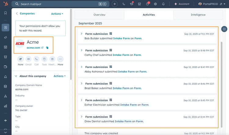 Capture d'écran de la nouvelle interface HubSpot pour mettre avant la visibilité de la soumission d'un questionnaire