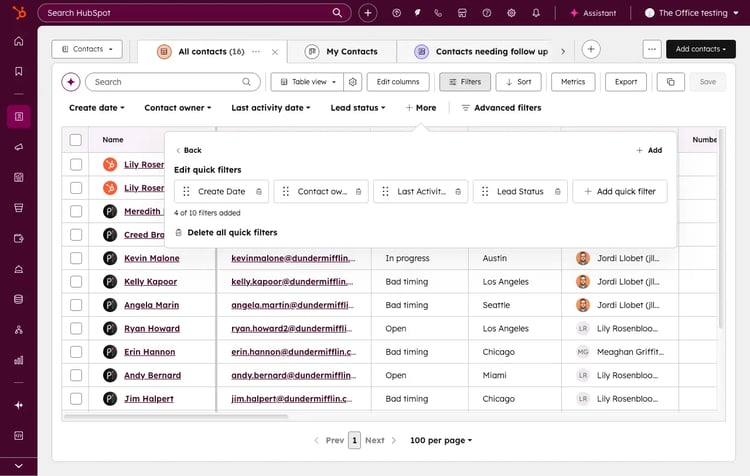 Capture d'écran de l'interface du CRM HubSpot pour illustrer la personnalisation rapide des filtres