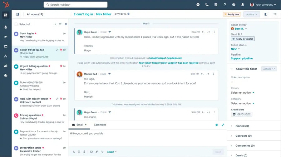 Capture d'écran du back-office du CRM HubSpot pour la gestion des tickets clients
