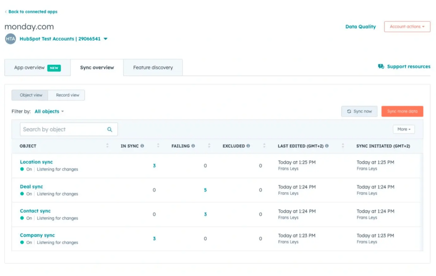 Capture d'écran de la nouvelle interface qui permet de synchroniser automatiquement les données entre HubSpot et Monday.com