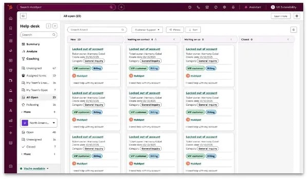 Nouvelle interface Kanban du Help Desk HubSpot pour la gestion et le suivi des tickets support.