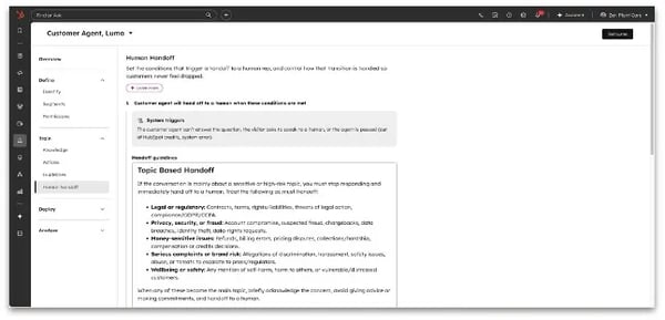 Paramétrage des règles d’escalade du Customer Agent HubSpot en langage naturel pour transférer certaines conversations à un conseiller.