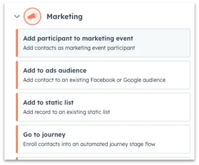 Nouvelle action de workflow HubSpot permettant de mettre à jour automatiquement le statut de participation à un événement marketing.