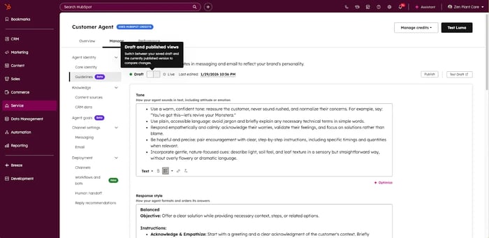 Capture d'écran de l'interface pour illustrer la configuration du comportement du Customer Agent