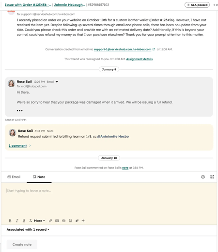 Capture d'écran de l'interface HubSpot pour illustrer la centralisation des échanges internes avec les notes Help Desk