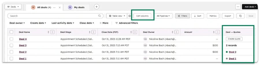 Capture d'écran de l'interface de HubSpot pour générer un devis directement depuis la vue pipeline