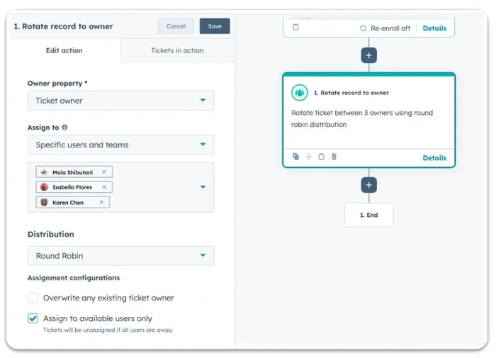 Capture d'écran de l'interface de HubSpot pour illustrer la distribution automatique des tickets en Round Robin