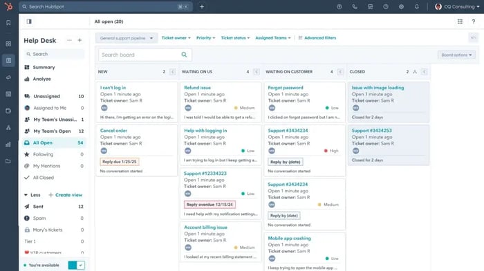 Capture de la vue tableau des ticket dans le Help Desk