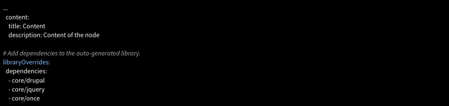 Capture d'écran du code pour illustrer l'ajout d'une librairie dans notre fichier node_content.component.yml