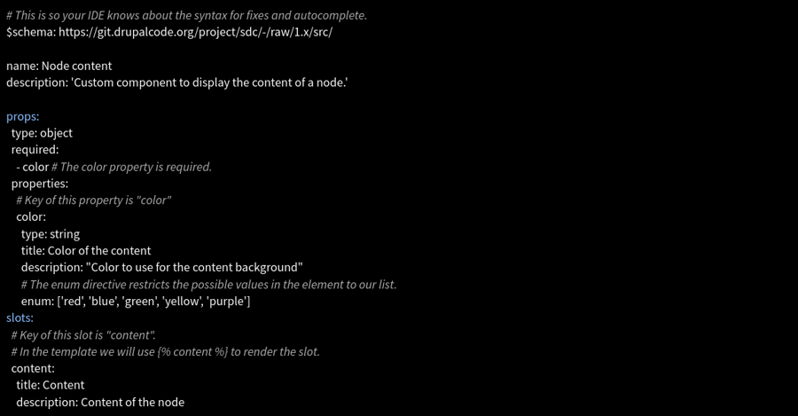 Capture d'écran du code pour créer le fichier node_content.component.yml