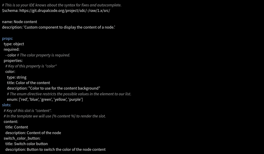 Capture d'écran du code pour modifier le schéma de notre composant node_content dans le fichier node_content.component.yml