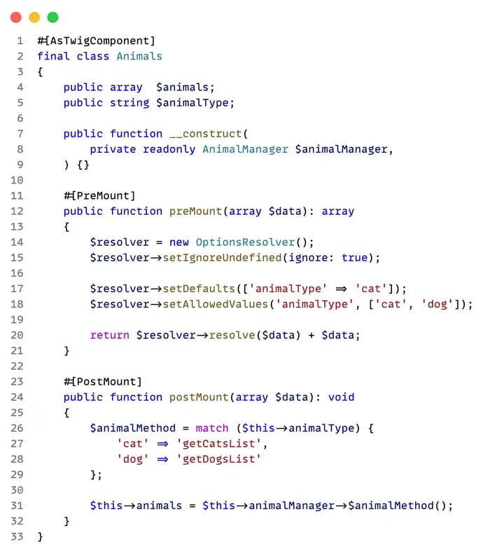 Classe PHP Animals déclarée comme Twig Component, avec validation des props via PreMount et récupération des données selon animalType via PostMount