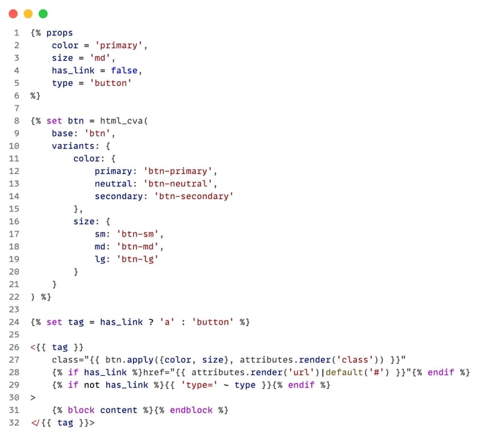 Extrait de composant Twig définissant un bouton personnalisable via html_cva avec des variantes de couleur et taille, et lien conditionnel