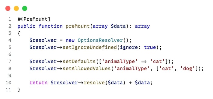 Code PHP utilisant PreMount pour définir une valeur par défaut et restreindre les valeurs autorisées de la prop animalType dans un composant