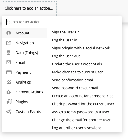 Exemples d’actions executables dans le cadre d’un workflow Bubble 