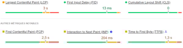 Sur cette capture d'écran, des recommandations pour optimiser vos Core Web Vitals.