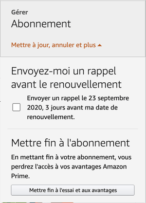 Exemple de dark pattern : Étape 1 de la désinscription Amazon Prime