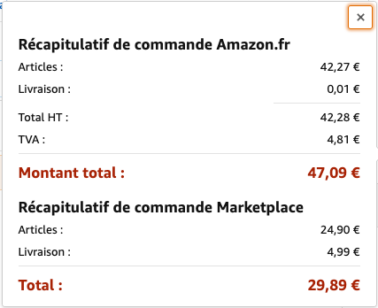 Détail du montant de la commande - Exemple d'Amazon