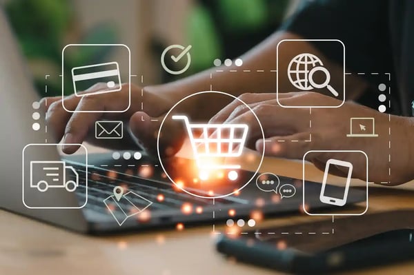 Achat en ligne automatisé avec des icônes de panier, paiement et recherche, symbolisant le commerce agentique et les agents IA autonomes