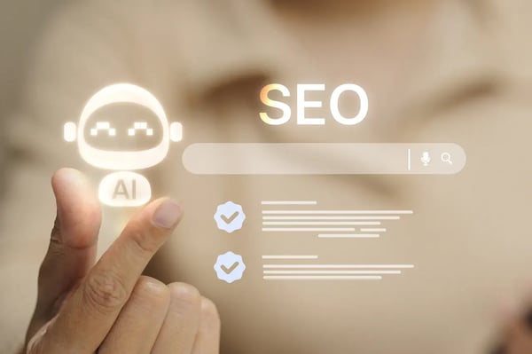 Illustration d’une recherche assistée par intelligence artificielle montrant un assistant IA et une interface SEO pour évoquer les contenus cités par les IA génératives.
