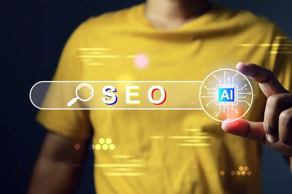 Homme manipulant une interface de recherche affichant SEO et une puce d'intelligence artificielle, illustrant l'évolution du référencement face aux IA génératives.