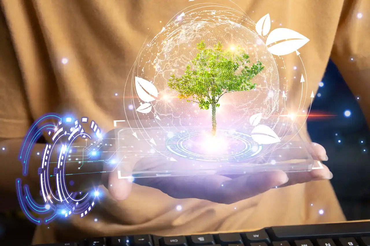 Une personne tient dans la paume de sa main un arbre et des ondes digitales entourent le tout