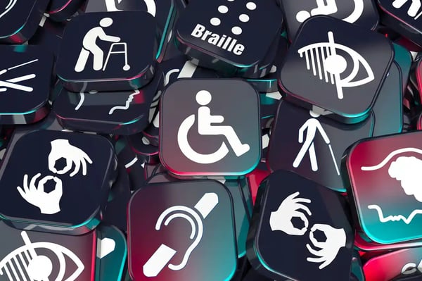 Icônes représentant différents handicaps et dispositifs d’accessibilité numérique : fauteuil roulant, braille, langue des signes, surdité et déficience visuelle.