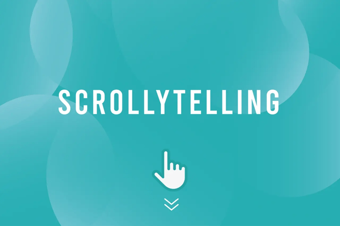 Visuel avec le mot scrollytelling avec un dessin d'une main et d'une flèche en mouvement vers le bas pour illustrer l'action.