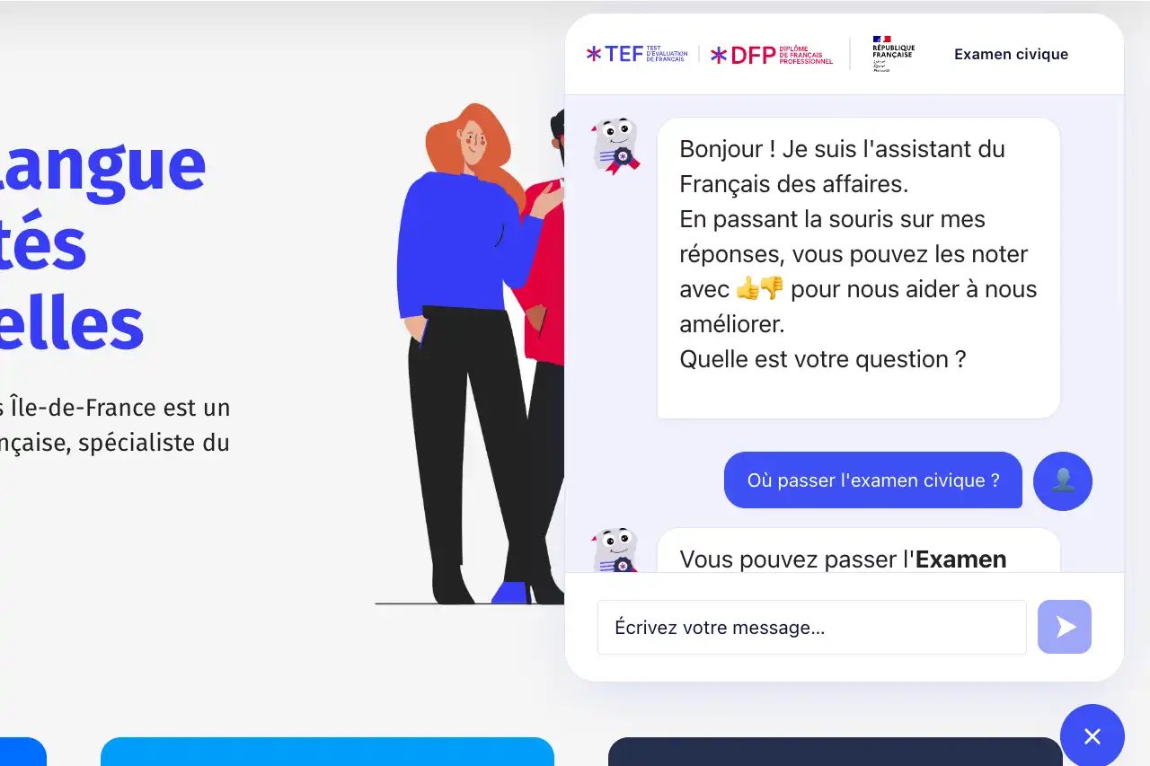 Capture d'écran du chatbot du site du français des affaires