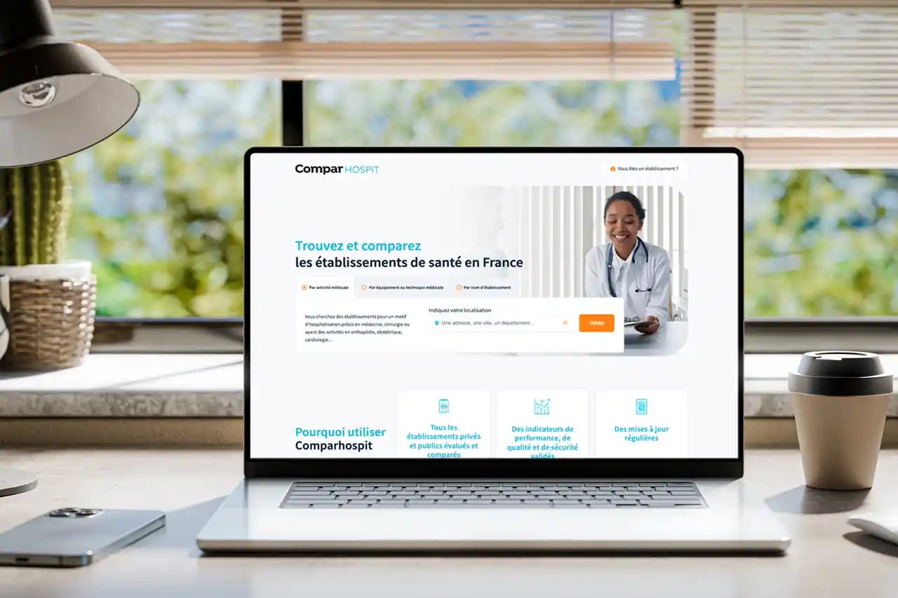 Un utilisateur du comparateur ComparHospit réalise une recherche sur la plateforme. La page d'accueil est ouverte sur un ordinateur portable