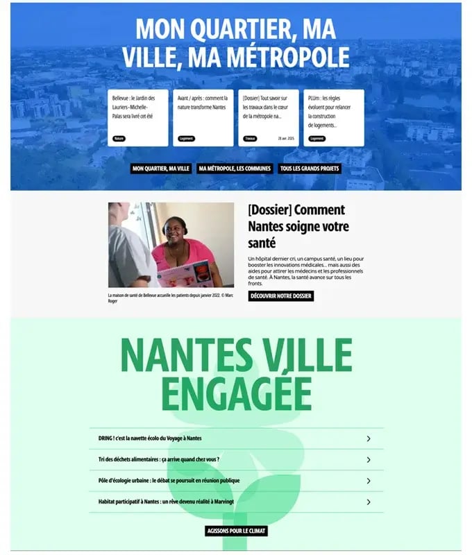 Capture d'écran du contenu de la page d'accueil du site de Nantes Métropole