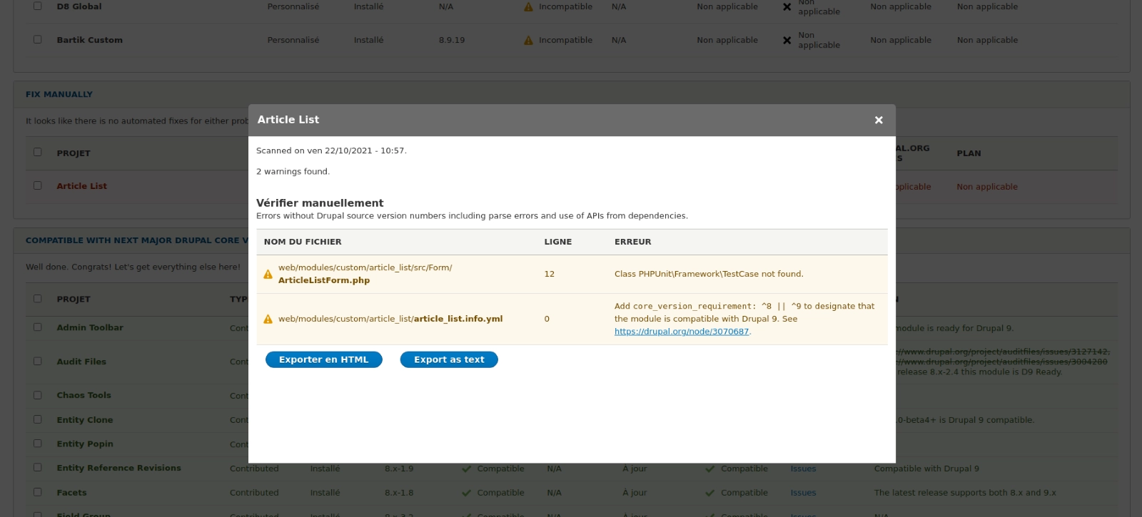 migration vers drupal 9 - outil de scan modules custom