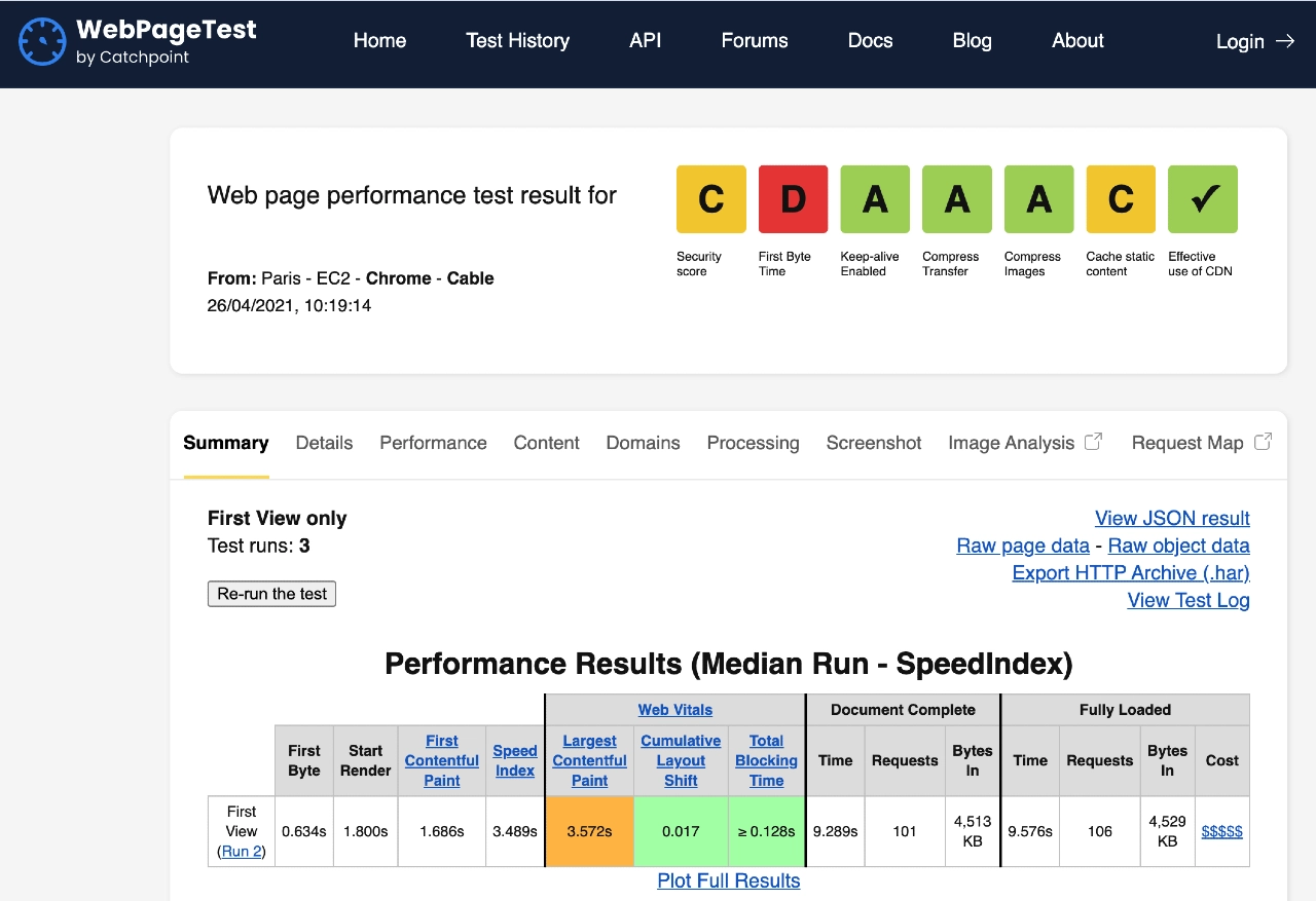 Capture d'écran d'un résultat de recherche sur WebPageTest