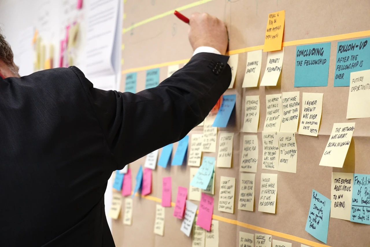 Image d'un tableau mural avec différents post-its pour marquer les étapes d'un projet